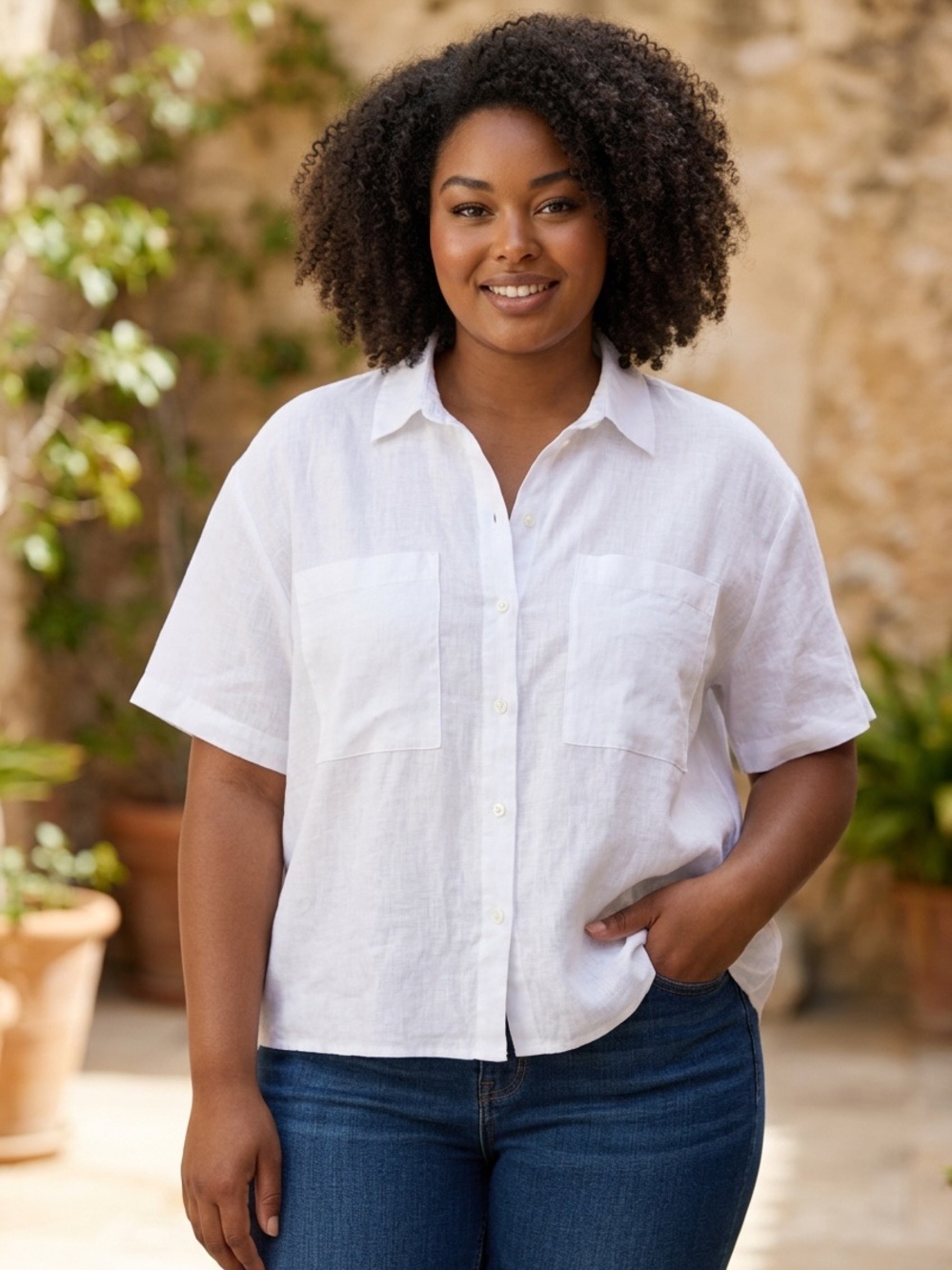 H&M  womens White short sleeve Linen Button-Up Shirt with pockets size xl